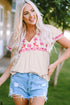 Beige Floral Embroidered Short Sleeve Notched V Neck Blouse